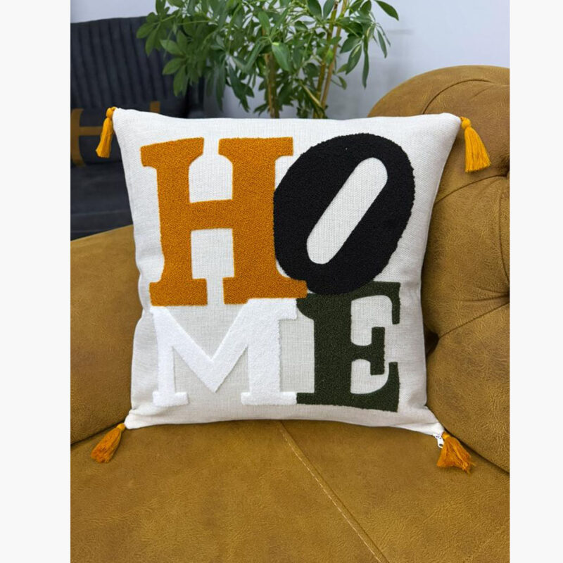 "HOME" Yazılı Renkli Panç Nakışlı Püsküllü Kırlent Kılıfı 45x45 cm
