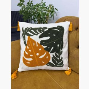 Deve Tabanı Yapraklı Panç Nakışlı Püsküllü Kırlent Kılıfı 45x45 cm
