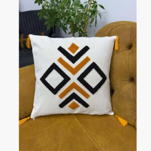 Etnik Kilim Desenli Panç Nakışlı Püsküllü Kırlent Kılıfı 45x45 cm